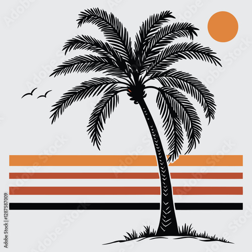 Minimalist retro stripes in the background with a lone palm tree  t-shirt design vector art and illustration
