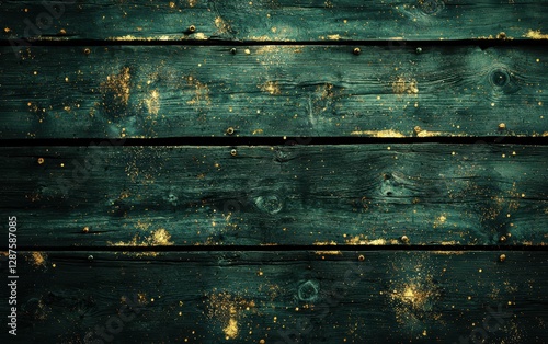 High-resolution dark green rustic wood texture with faint glowing gold dust for Saint Patricks Day