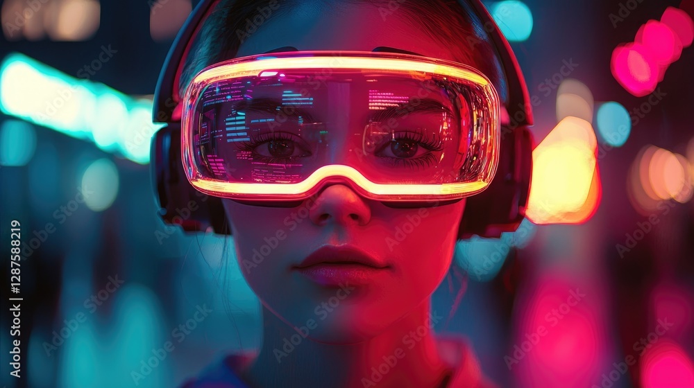 A young woman in futuristic goggles and headphones stands against a vibrant, neon-lit background, showcasing a blend of technology and style. A young woman in futuristic goggles and headphones stands against a vibrant, neon-lit background, showcasing a blend of technology and style.
