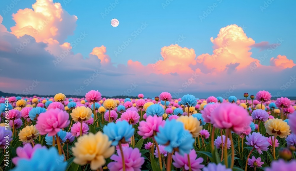 A whimsical and vibrant field of multicolored flowers stretches towards a serene twilight sky, where fluffy clouds catch the soft light of the setting sun A whimsical and vibrant field of multicolored flowers stretches towards a serene twilight sky, where fluffy clouds catch the soft light of the setting sun