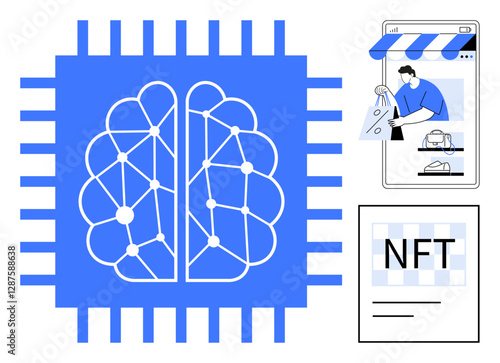 Central neural network within a microchip pattern, online shopping on smartphone, and NFT representing digital assets. Ideal for technology, AI, neural networks, e-commerce, digital marketplace