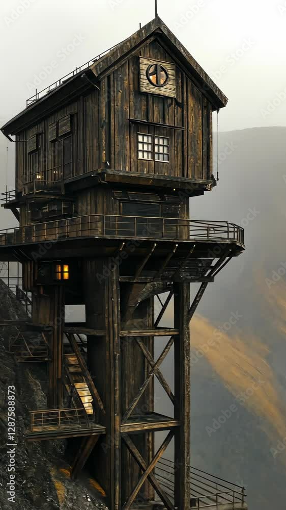 Wooden lookout tower on steep hillside overlooking a misty valley during overcast weather Wooden lookout tower on steep hillside overlooking a misty valley during overcast weather