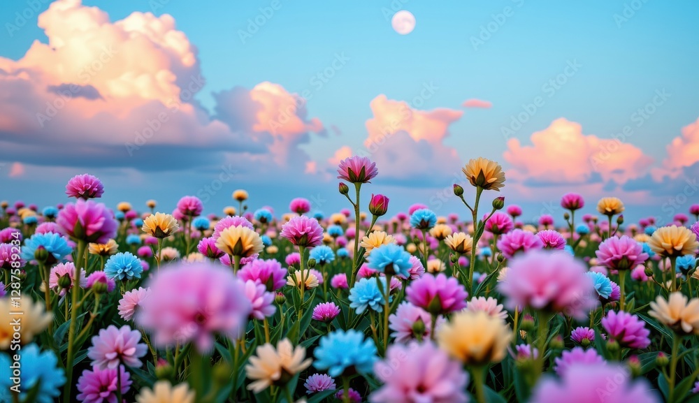 A whimsical and vibrant field of multicolored flowers stretches towards a serene twilight sky, where fluffy clouds catch the soft light of the setting sun A whimsical and vibrant field of multicolored flowers stretches towards a serene twilight sky, where fluffy clouds catch the soft light of the setting sun