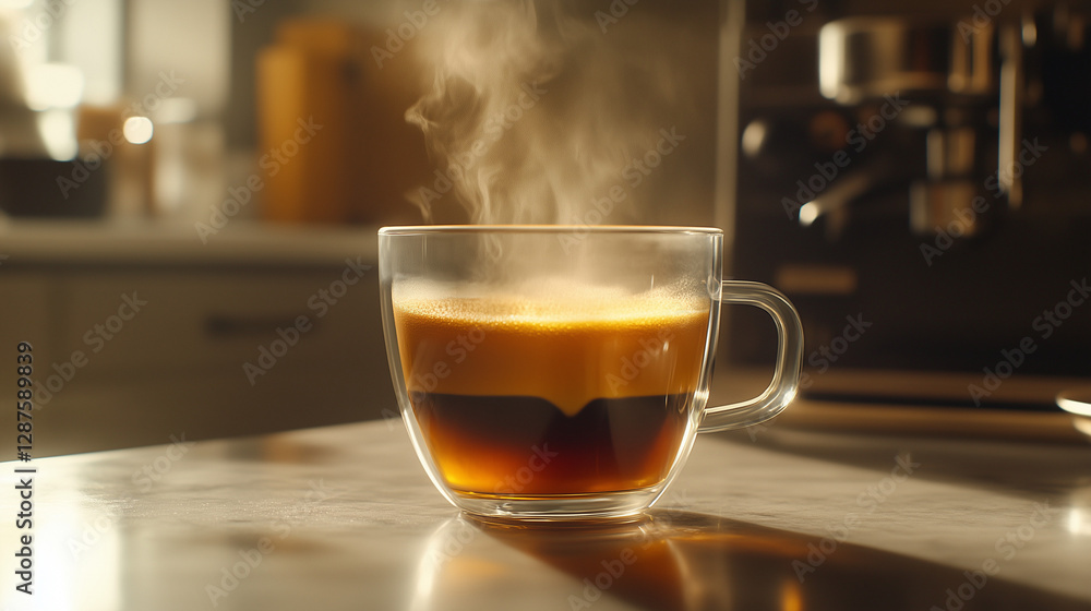Steaming hot caffè lungo in a clear glass mug with rich crema and deep coffee layers Steaming hot caffè lungo in a clear glass mug with rich crema and deep coffee layers