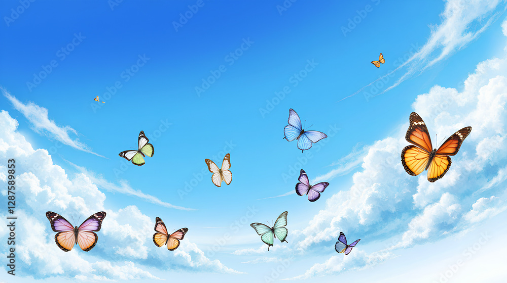 Obraz premium Vibrant Butterflies Soaring Freely Against a Clear Blue Sky Symbolizing Diversity and Acceptance - Zero Discrimination Day