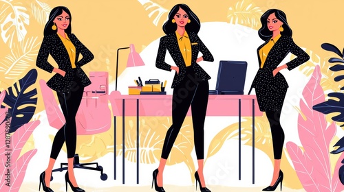 Empowering women in business stylish office attire modern workspace digital illustration vibrant colors bold perspective