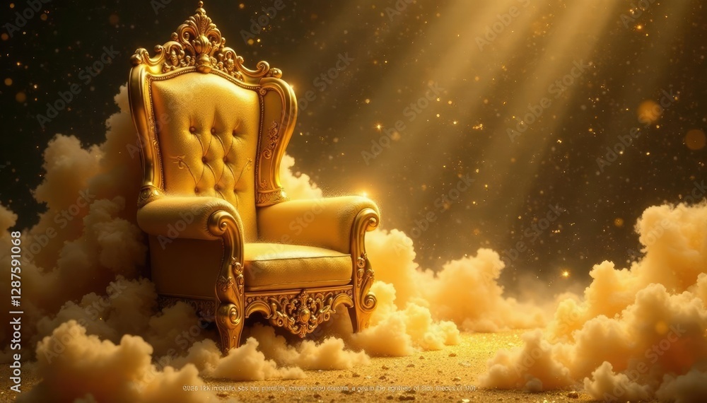Fototapeta premium A cloud of glittering dust envelops a luxurious golden throne, Luxurious Golden Dust Waves, Throne, Ornate