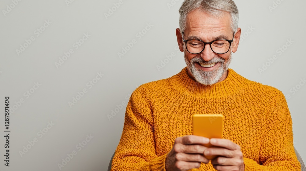 Smiling senior man in an orange sweater enjoys using his smartphone, embracing technology with a cheerful demeanor. Smiling senior man in an orange sweater enjoys using his smartphone, embracing technology with a cheerful demeanor.