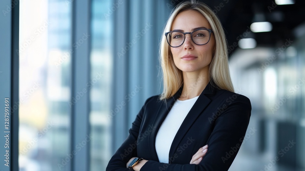 Confident businesswoman, modern office, focused pose Confident businesswoman, modern office, focused pose