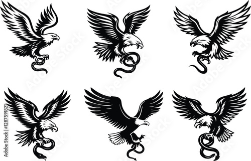 Eagle gripping a snake silhouette vector art, Eagle gripping a snake black line art vector illustration set, Eagle gripping a snake isolated vector icon design