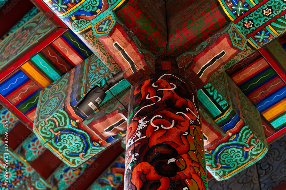 old wooden column and ceiling in the Buddhist temple building