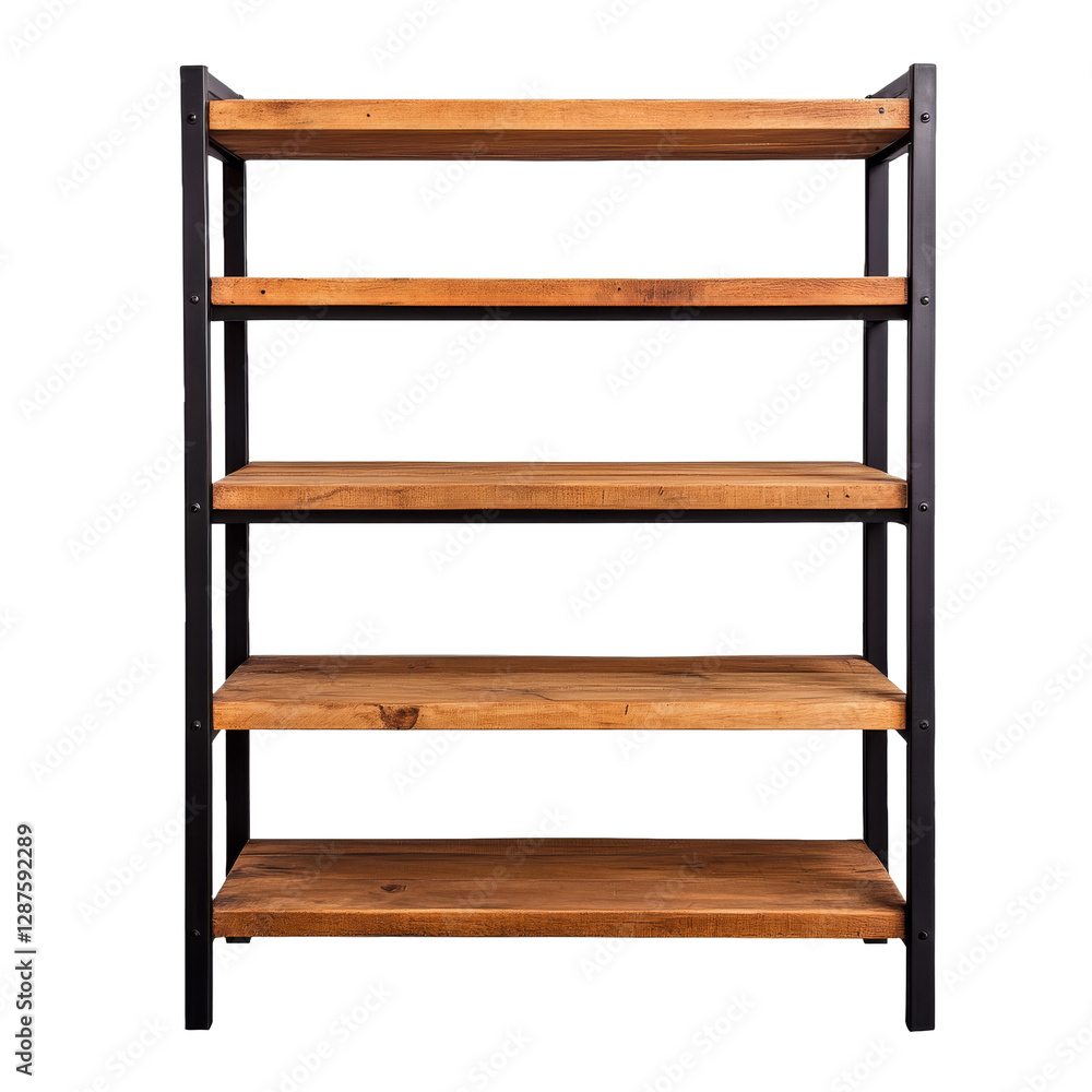 Wooden shelving unit with metal frame in industrial design isolated on transparent background (PNG) Wooden shelving unit with metal frame in industrial design isolated on transparent background (PNG)
