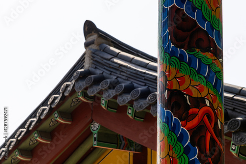 wooden column and roof in the Buddhist temple photo