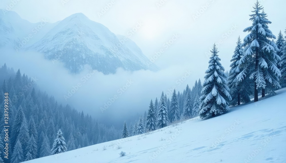 Dense fog wraps around snow-covered mountain slopes, cold weather, frozen trees Dense fog wraps around snow-covered mountain slopes, cold weather, frozen trees