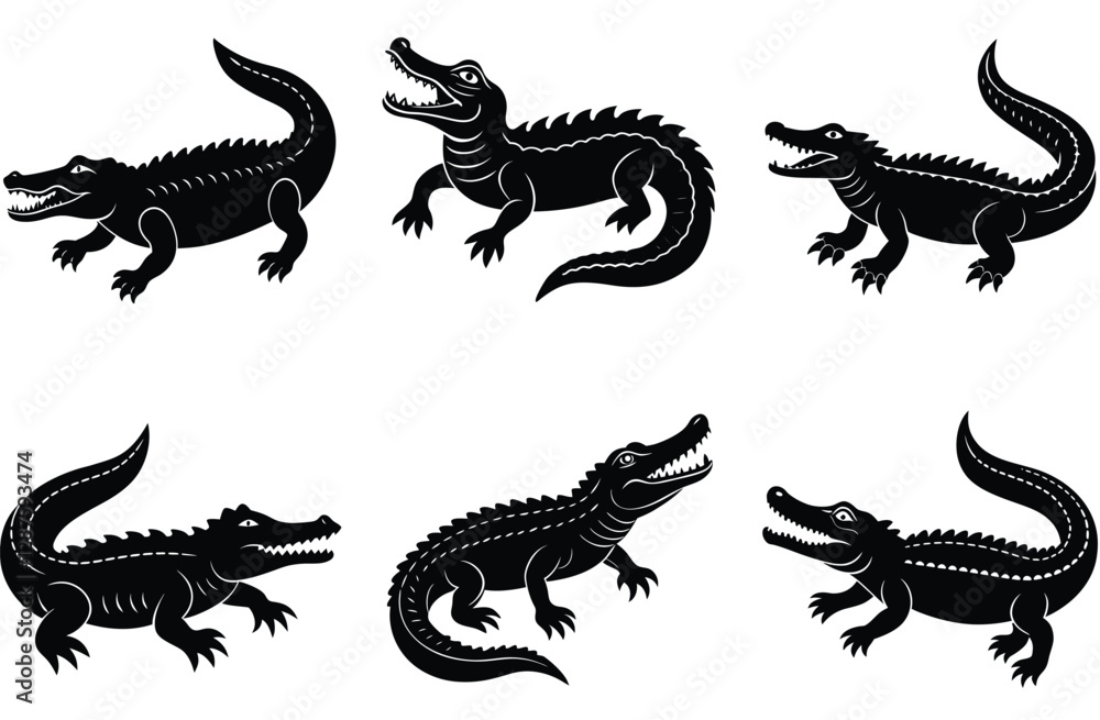 Fototapeta premium Alligator Silhouette Set. Crocodile icon. Crocodile vector shilhouette bundle