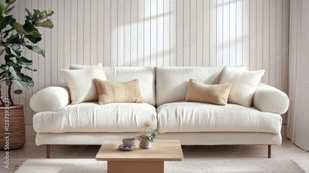 Fototapeta premium Cozy living room sofa arrangement modern home interior design bright environment front view comfort concept