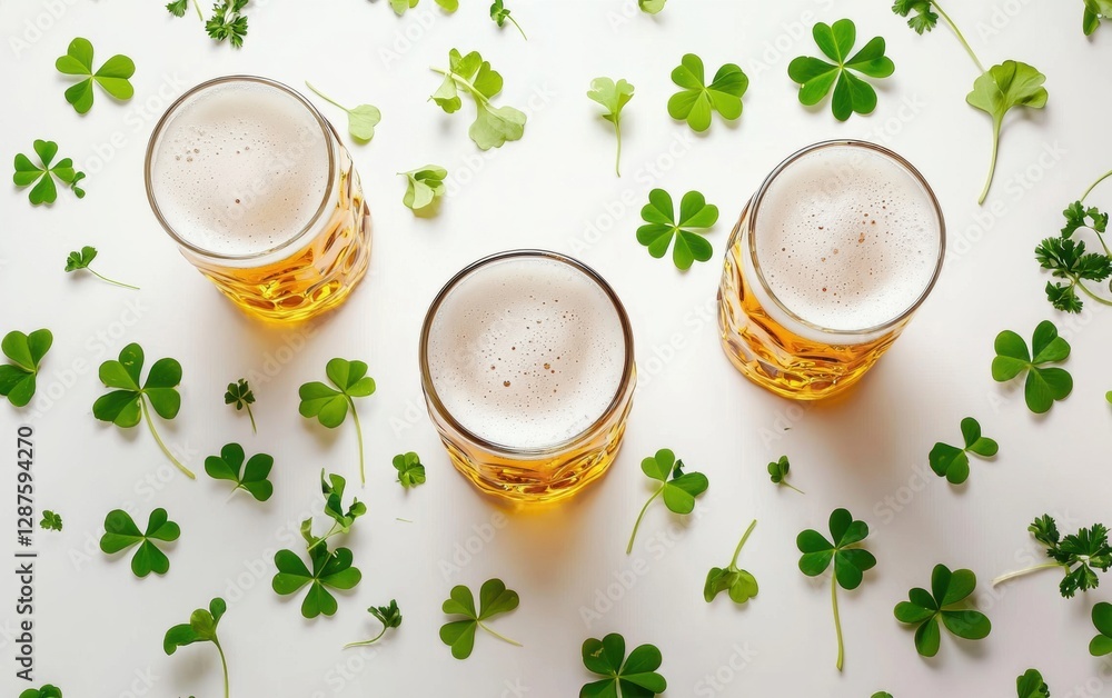 Minimalistic background with beer mugs Saint Patricks Day on white Minimalistic background with beer mugs Saint Patricks Day on white
