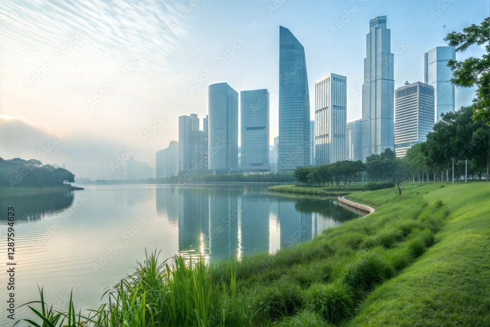 Fototapeta premium Modern City Park by the Lake at Dawn, chicago skyline with river