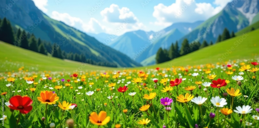Fototapeta premium Meadow full of colorful flowers and green grass, wildflowers, alpine meadow