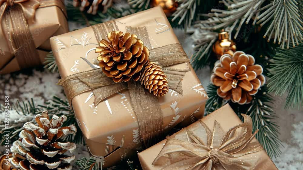 Decorative gift boxes, pine cones, and seasonal branches arranged on a festive table during the winter holiday season Decorative gift boxes, pine cones, and seasonal branches arranged on a festive table during the winter holiday season