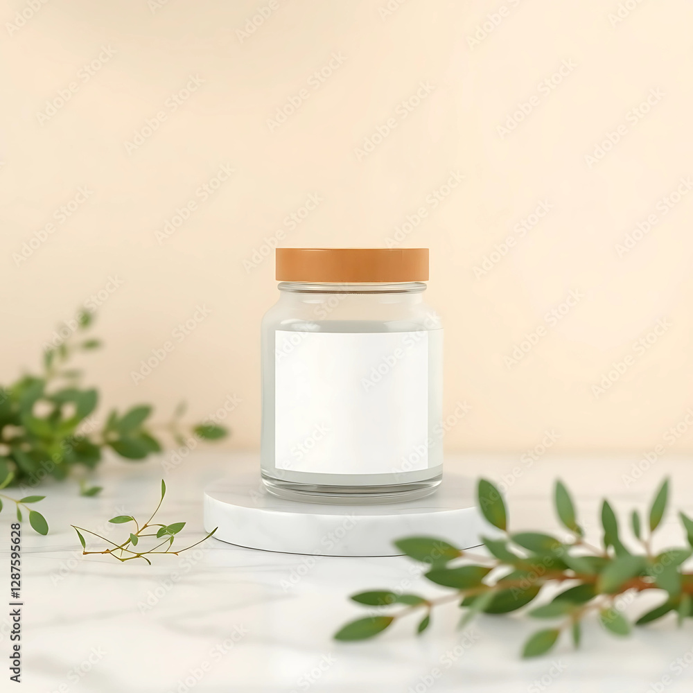 A 3D mockup of a minimalist skincare jar with a blank label, made from recycled glass and bamboo, rests on a marble counter with fresh herbs and plants against a soft beige background. A 3D mockup of a minimalist skincare jar with a blank label, made from recycled glass and bamboo, rests on a marble counter with fresh herbs and plants against a soft beige background.