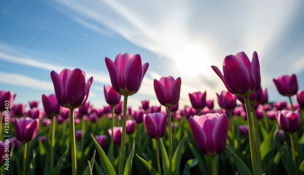 Fototapeta premium A captivating field of vibrant purple tulips stretches towards a soft, golden sunset sky, capturing the essence of a serene evening.