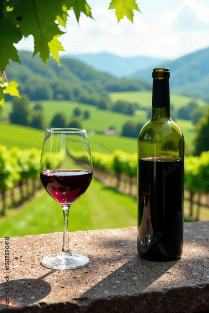 Rolling hills with vineyards in the background and a rustic wine glass on a stone table, vineyard, winery, bottle Rolling hills with vineyards in the background and a rustic wine glass on a stone table, vineyard, winery, bottle