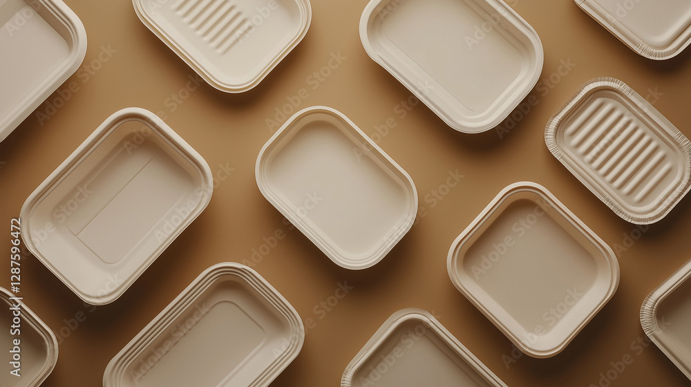 A minimalist documentary-style photograph showcasing an overhead view of multiple empty biodegradable food containers neatly arranged on a warm brown background. The containers A minimalist documentary-style photograph showcasing an overhead view of multiple empty biodegradable food containers neatly arranged on a warm brown background. The containers