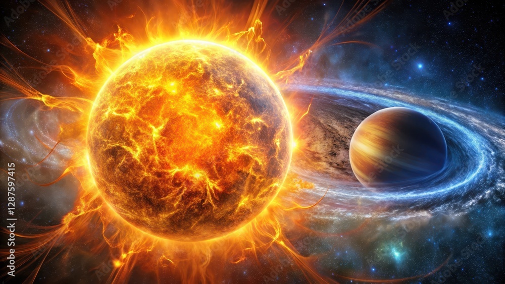 Obraz premium A Fiery Celestial Dance A Burning Star's Intense Energy Engulfs a Neighboring Planet, Swirling Cosmic Dust and Glowing Nebulae Surround Them in a Breathtaking Display of Power and Beauty