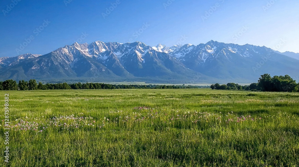 Fototapeta premium Scenic view of snow-capped mountains towering over a lush green meadow filled with wildflowers