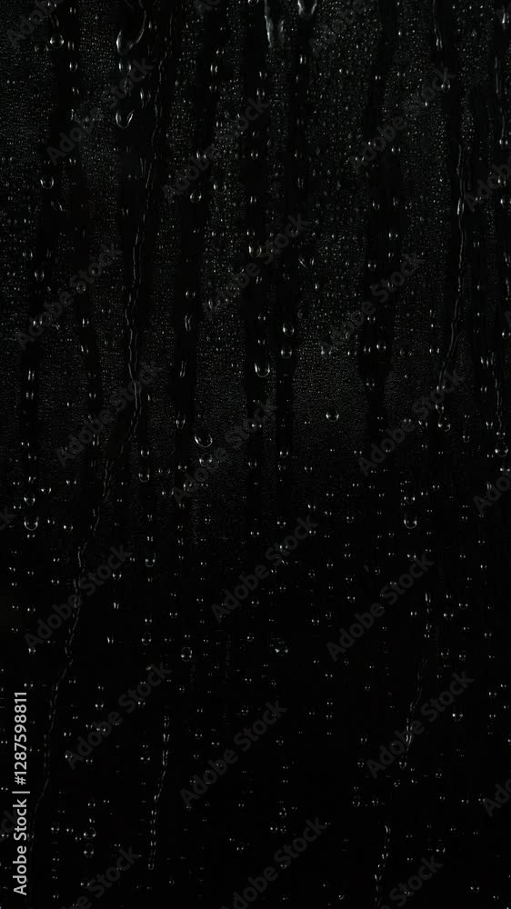 Vertical close-up rain water drops, raindrops texture on black window background Vertical close-up rain water drops, raindrops texture on black window background