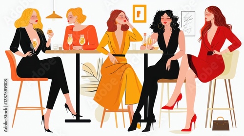 Stylish women enjoying cocktails at a chic bar urban setting digital illustration vibrant colors social scene