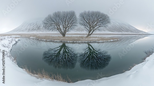 Serene winter landscape featuring two trees reflecting in calm water, surrounded by snow-covered hills photo