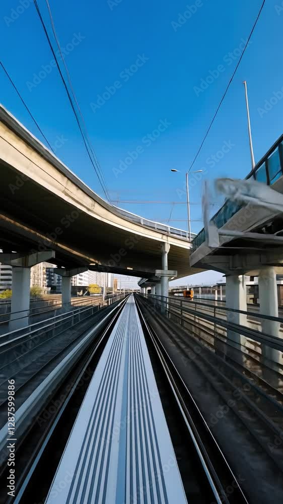Modern urban architecture featuring elevated railway tracks under clear blue sky Modern urban architecture featuring elevated railway tracks under clear blue sky