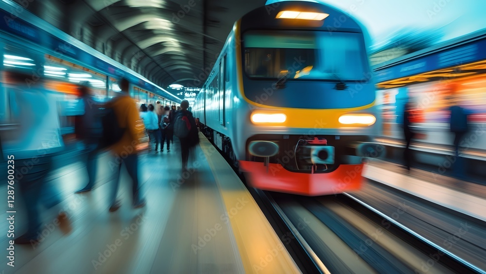 Urban Commute: A dynamic scene captures the essence of urban commuting, a speeding train pulls into the station, blurred passengers walk along the platform. Urban Commute: A dynamic scene captures the essence of urban commuting, a speeding train pulls into the station, blurred passengers walk along the platform.