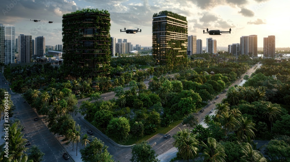 Fototapeta premium Futuristic cityscape with green skyscrapers and drones flying over lush urban greenery at sunset