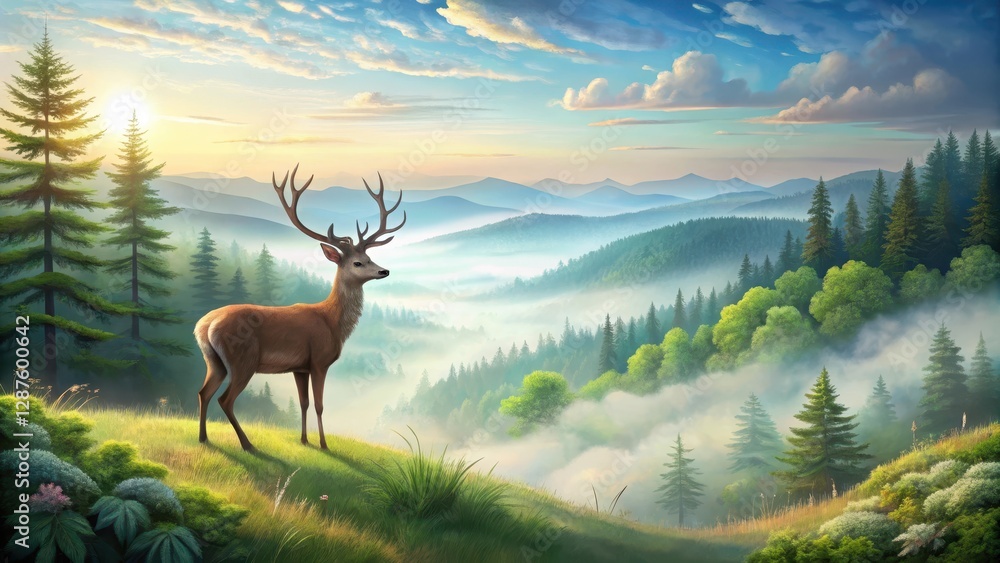 Fototapeta premium Majestic Stag Silhouetted Against a Misty Mountain Sunrise, a Serene Wildlife Scene in a Lush Forest