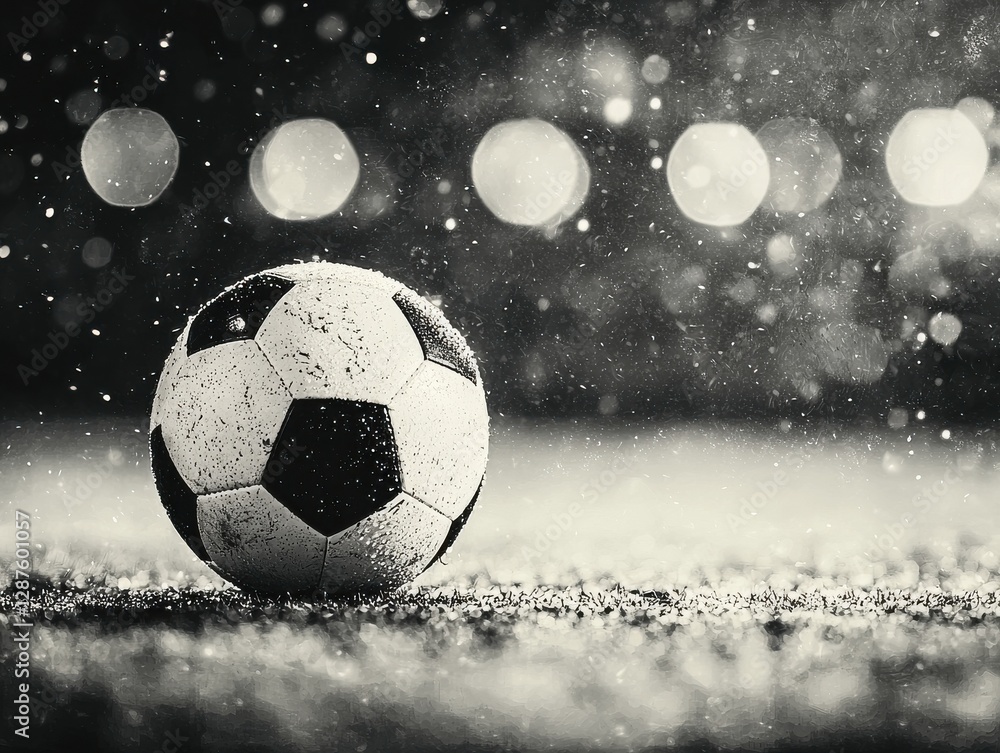 Fototapeta premium A soccer ball rests on a wet field, sparkling under blurred lights in the rain.