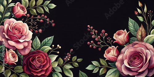 Elegant Dark Floral Arrangement with Roses and Berries on Black Background