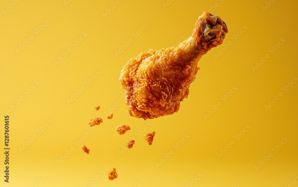 Fototapeta premium Floating fried chicken drumstick with dipping sauce on a golden yellow background