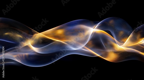 Abstract light waves with flowing energy in golden and blue hues, dynamic motion, and particle effects

