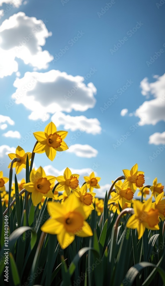 Fototapeta premium A vibrant field of bright yellow daffodils stretches towards a clear, sunlit sky, capturing the essence of a perfect spring day.