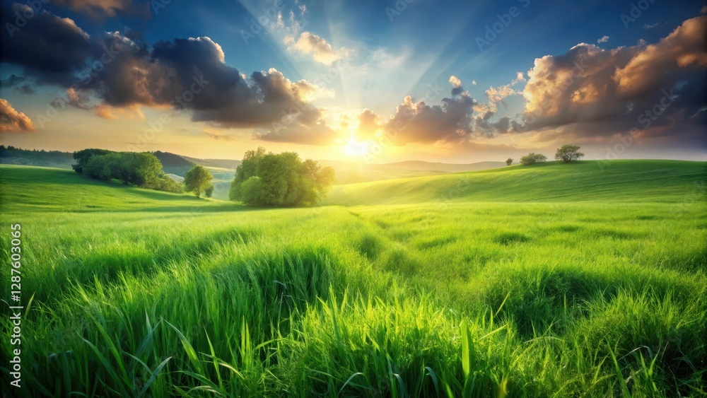 Serene Sunset Over Rolling Green Hills and Lush Grasslands, A Picturesque Pastoral Scene at Golden Hour Serene Sunset Over Rolling Green Hills and Lush Grasslands, A Picturesque Pastoral Scene at Golden Hour