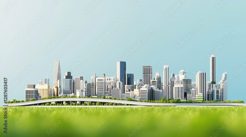 Fototapeta premium Futuristic city skyline with modern architecture and green landscape