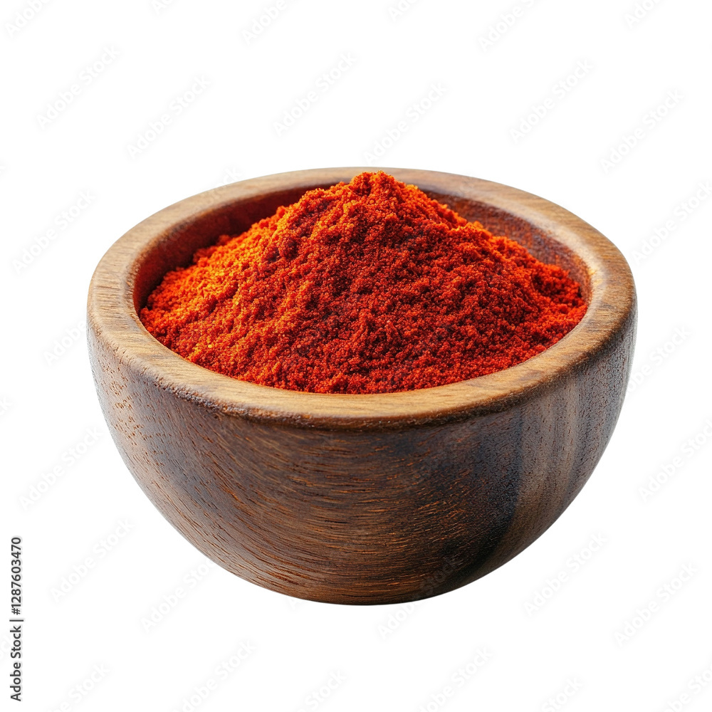 Vibrant Red Spice Powder in Wooden Bowl Vibrant Red Spice Powder in Wooden Bowl
