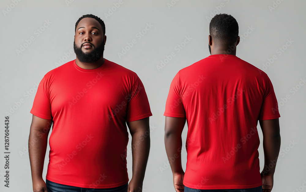 A plus-size male model wearing a red t-shirt, shown from both front and back perspectives, used as a design template mockup A plus-size male model wearing a red t-shirt, shown from both front and back perspectives, used as a design template mockup