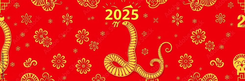 Seamless pattern of golden snake zodiac sign with Asian paper cut elements on red background for Chinese New Year 2025 celebration, zodiac, style, snake Seamless pattern of golden snake zodiac sign with Asian paper cut elements on red background for Chinese New Year 2025 celebration, zodiac, style, snake