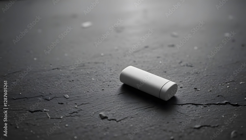Minimalist White Capsule on Dark Textured Surface with Water Droplets Minimalist White Capsule on Dark Textured Surface with Water Droplets