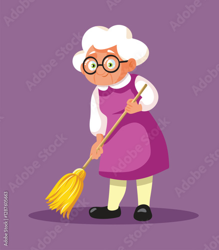 Elderly Woman Sweeping with a Broom Vector Cartoon Illustration. Senior granny cleaning and being tidy at home

