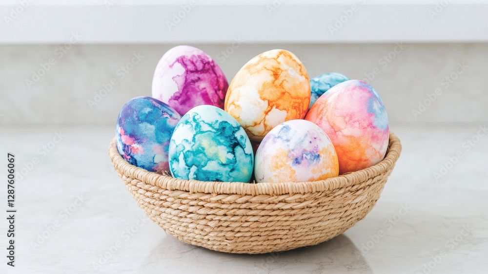 Fototapeta premium Colorful Easter eggs in woven basket, showcasing artistic watercolor designs. Perfect for festive celebrations and spring decor